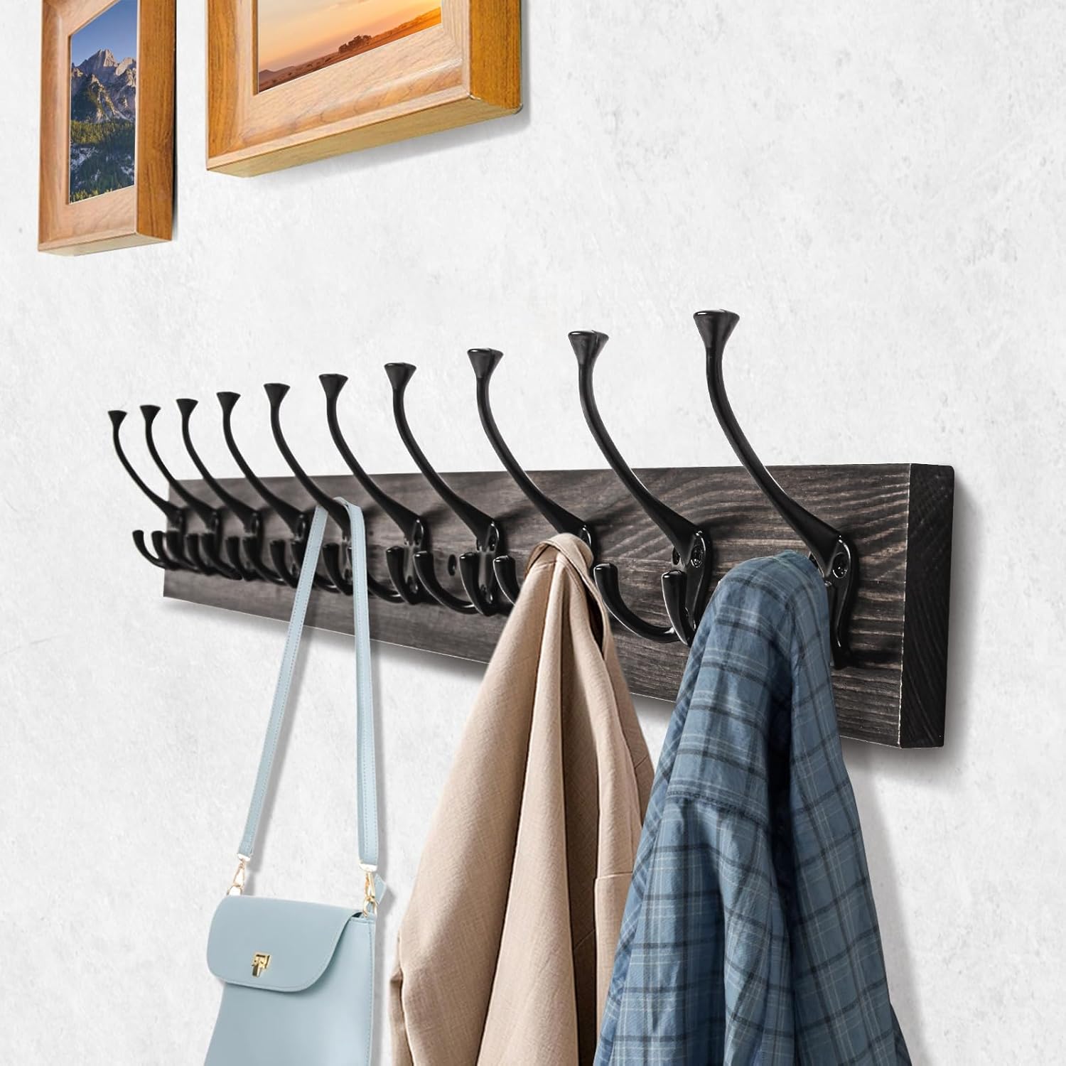 Wall Mounted Coat Rack with 10 Decorative Hooks, 34'' Long, Old Wood Color Coat Hanger, Rustic Coat Hooks Rail for