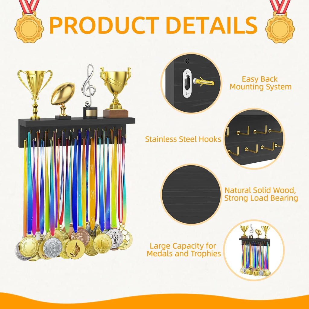Medal Hanger Display and Trophy Shelf Organizer, Wooden Wall Mount Ribbon Holder with 25 Steel Hooks, Race Awards