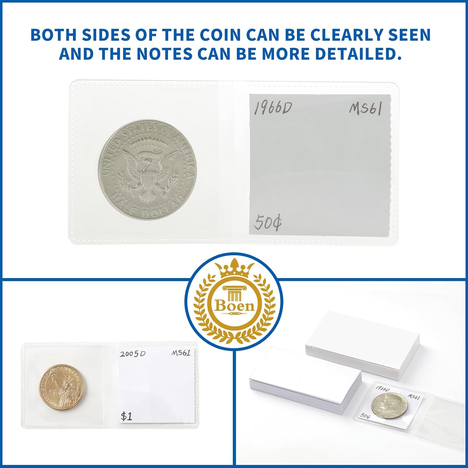 50 Pcs 2x2 Double Pocket Coin Flips with Paper Inserts | 100 Pockets Clear PVC Storage Coin Sleeves, Holders for Coin