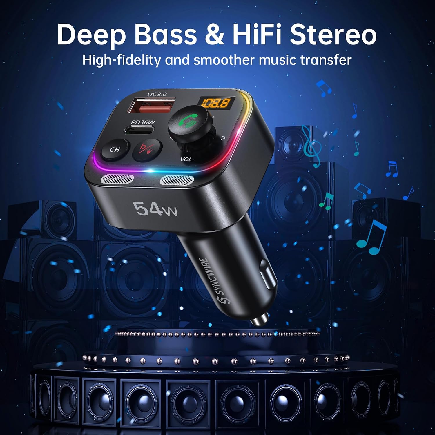 Bluetooth 5.4 FM Transmitter Car Adapter 54W with Light Switch | [Stronger Dual Mics] [HiFi Bass Sound] [Fast