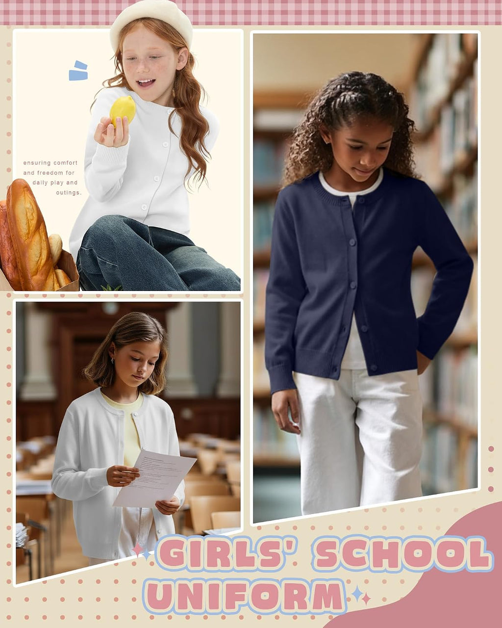 WeekCheer 2 Pack Girls Button Cardigan Sweater | Long Sleeve, Knit Tops, Kids School Uniforms, Fall Winter, 4-12