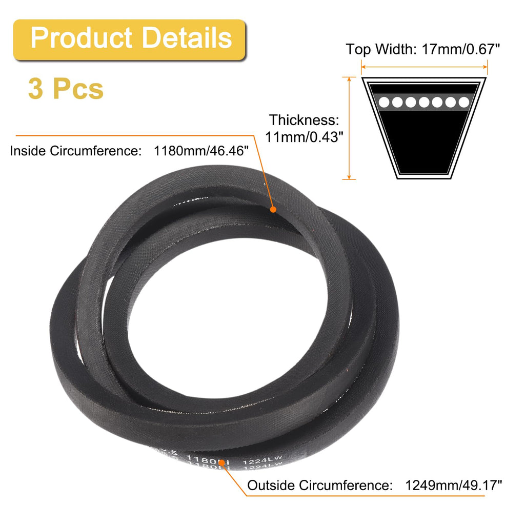 Uxcell 3 Pack B46 1/2 Classic Wrapped V-Belt, 49" Outside Circumference, Black Rubber Timing V-Belt for Industrial Machinery Equipment