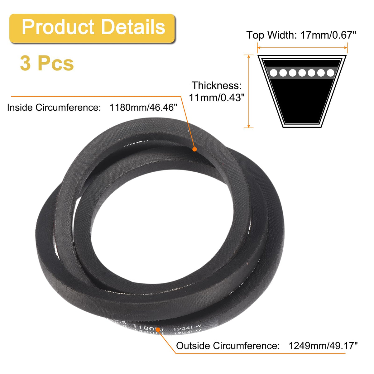 Uxcell 3 Pack B46 1/2 Classic Wrapped V-Belt, 49" Outside Circumference, Black Rubber Timing V-Belt for Industrial Machinery Equipment
