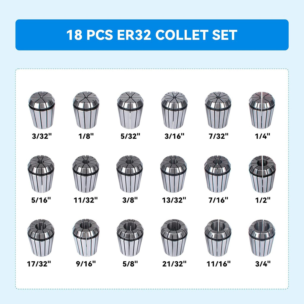 ER32 Spring Collet Set, 18Pcs in Aluminum Box, 3/32-3/4" Size, CNC