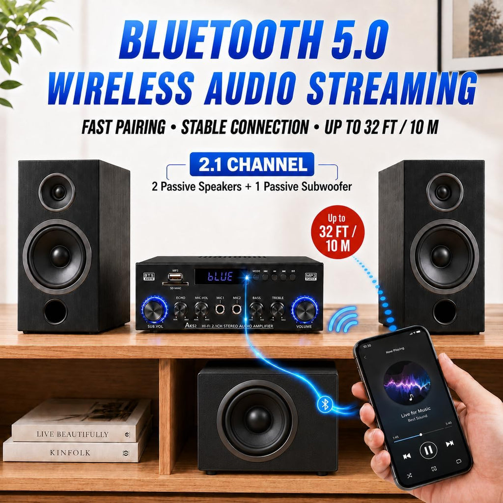 Bluetooth 5.0 Stereo Amplifier, 2.1 Channel 400W Home Audio Stereo Receiver for 2 Passive Speakers & Passive