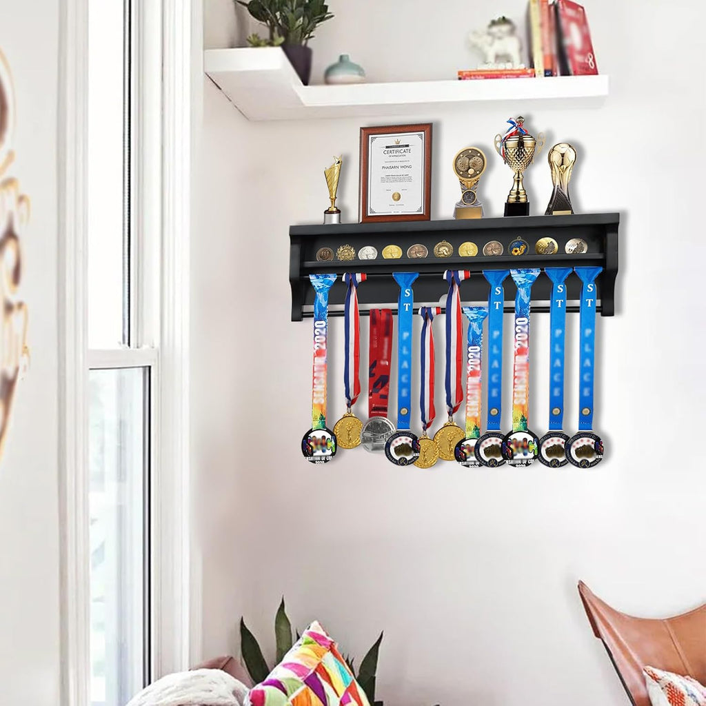 Medal Hanger Display Shelf Medal Rack Display Holder Black | Solid Wood，Wall Mount, Runners, Marathon, Race Winner