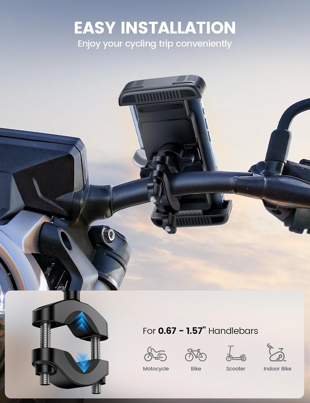 Bike Motorcycle Phone Mount - [1s Quick Lock] Bike Cell Phone Holder Clip, Bicycle Scooter Handlebar Clamp, for