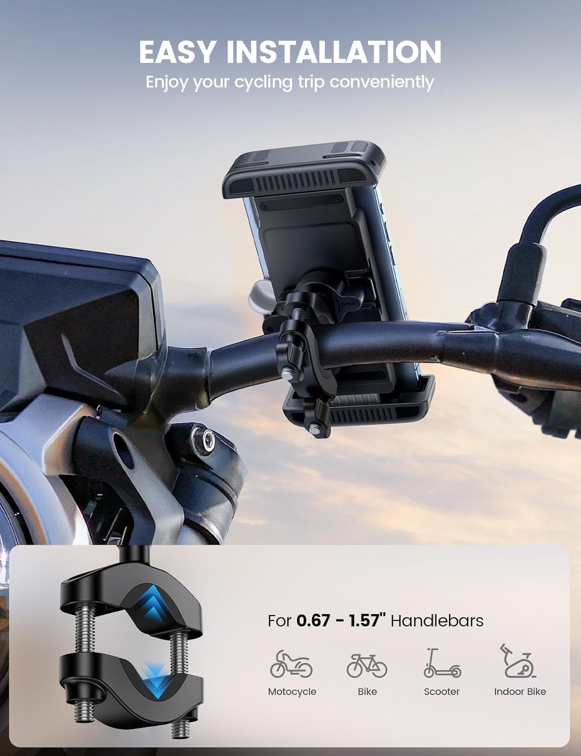 Bike Motorcycle Phone Mount - [1s Quick Lock] Bike Cell Phone Holder Clip, Bicycle Scooter Handlebar Clamp, for