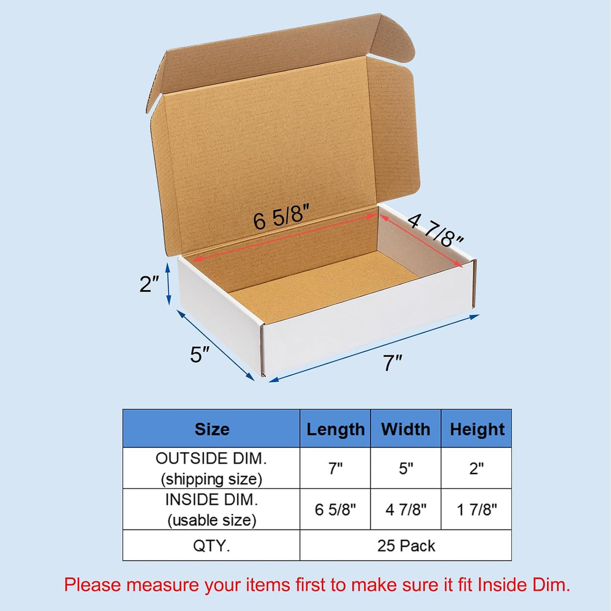 Shipping Boxes 7x5x2" 25 Pack - White Corrugated Cardboard Box Mailers for Small Business, Literature Mailer Box