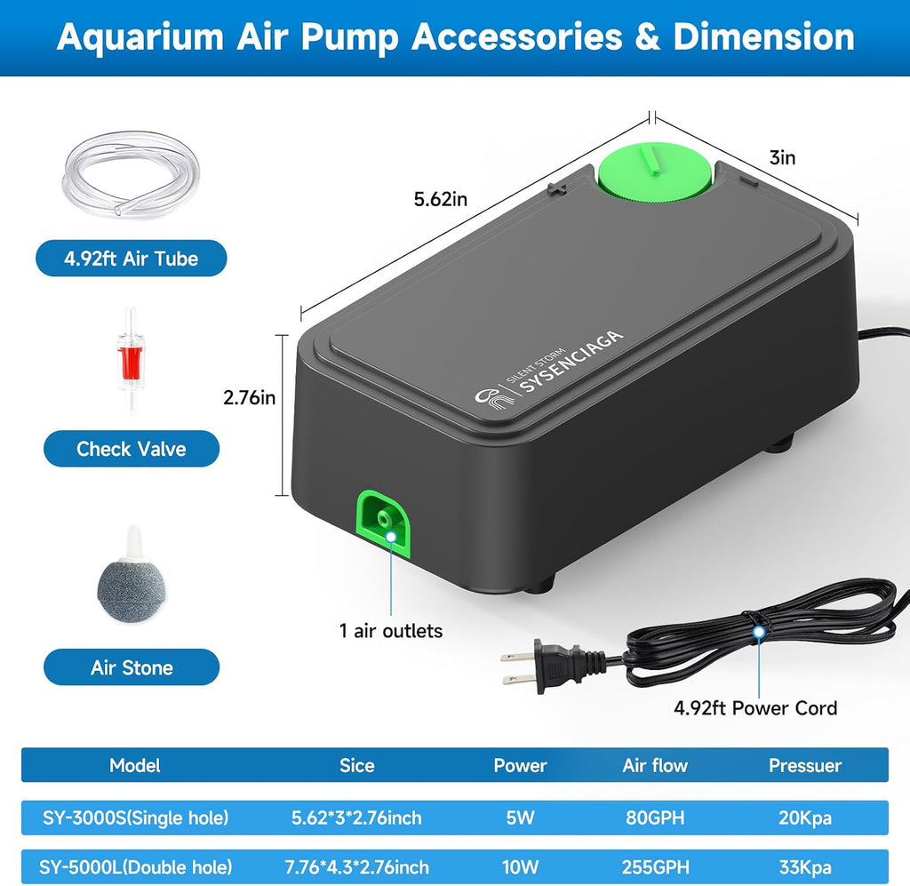 3W Aquarium Air Pump, Ultra Quiet Dual Outlet Adjustable Oxygen Pump for up to 300 Gallon Fish Tanks, Small Tanks
