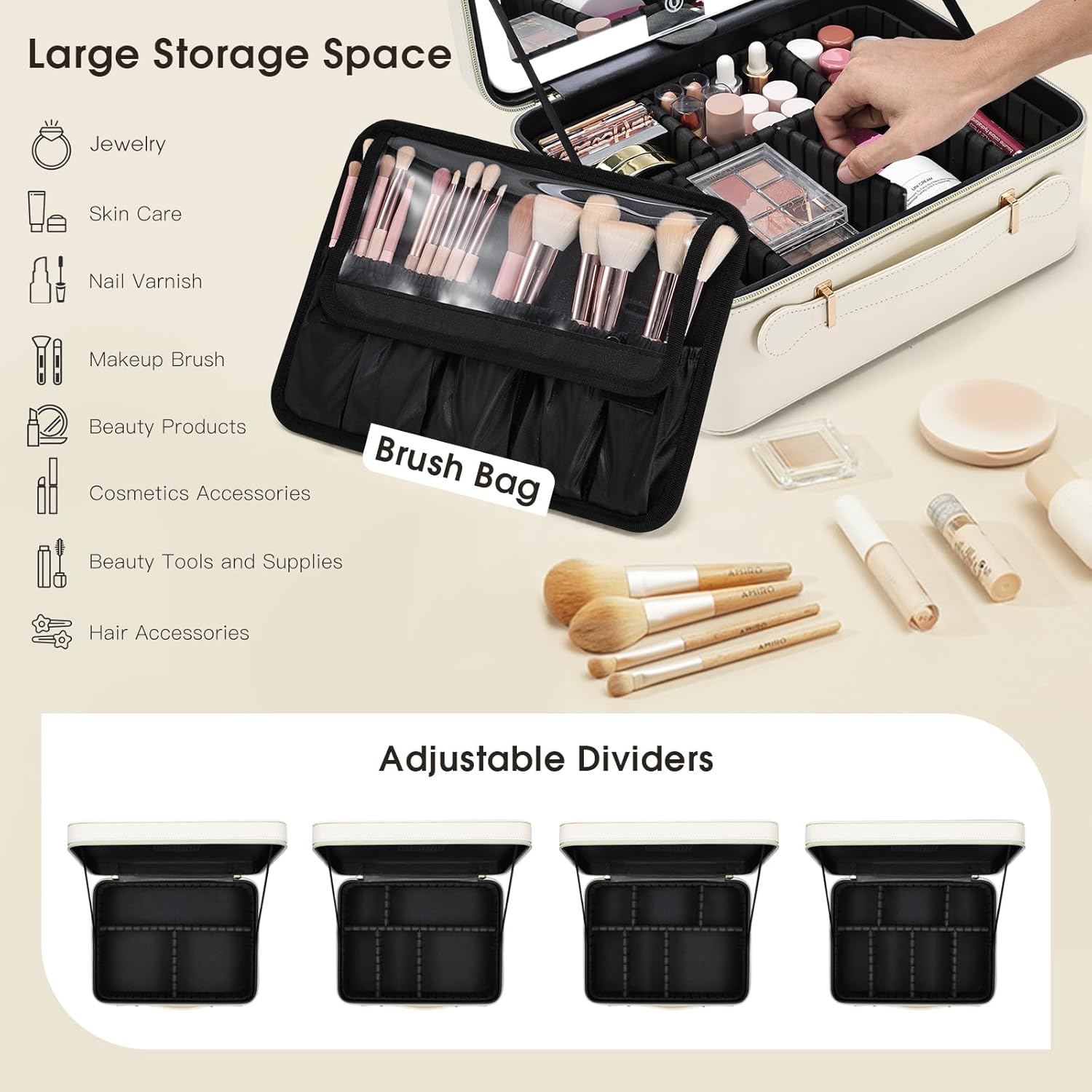 Leather Makeup Case with LED Lighted Mirror 11.4 Inch Travel Makeup Bag Adjustable Brightness in 3 Colors Cosmetic