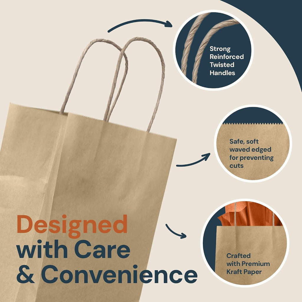 Brown Paper Bags with Handles | 110 Pack Kraft Bulk