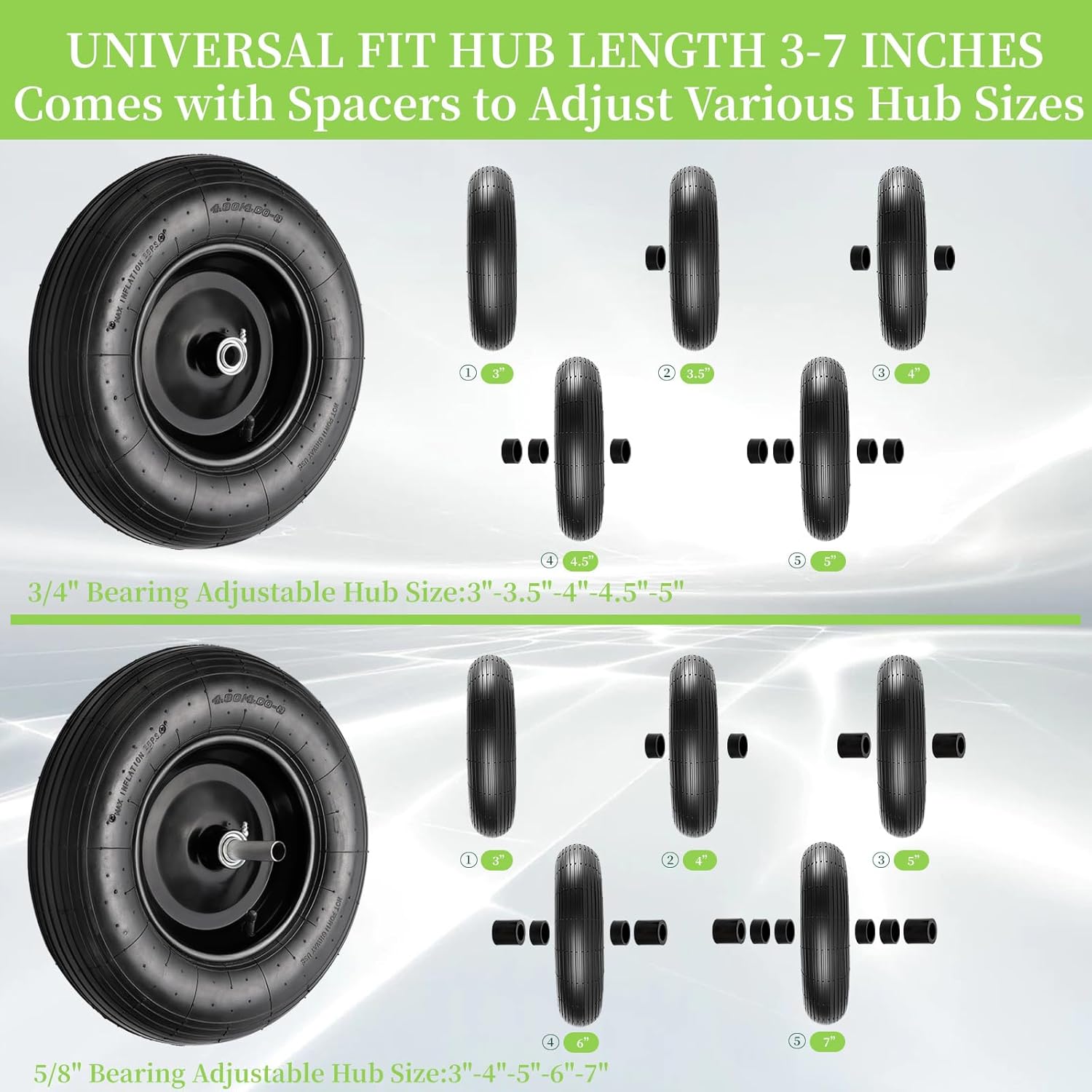 4.80/4.00-8 Tire and Wheel, 16" Pneumatic Wheelbarrow Tires, 2 Pack | Wheel Barrow Wheels and Tires, 3" Centered Hub