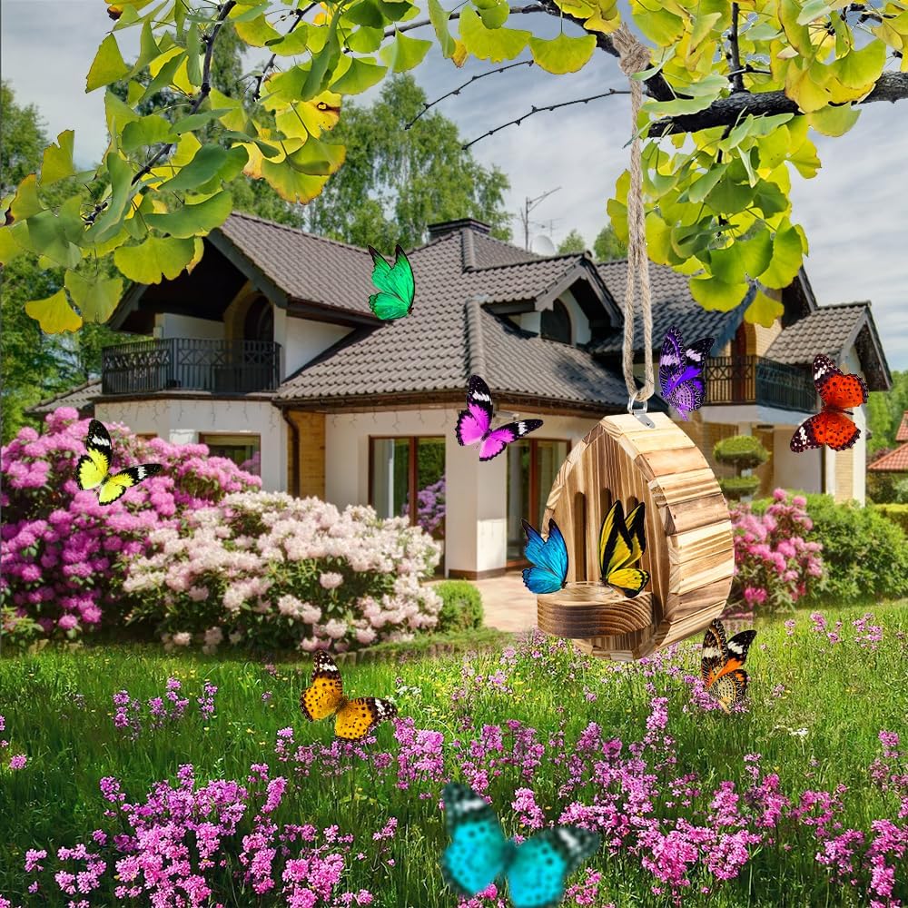 Butterfly House Wooden Habitat Natural Nesting Box Garden House with Feeder Hanging for Bee Butterfly Ladybirds for