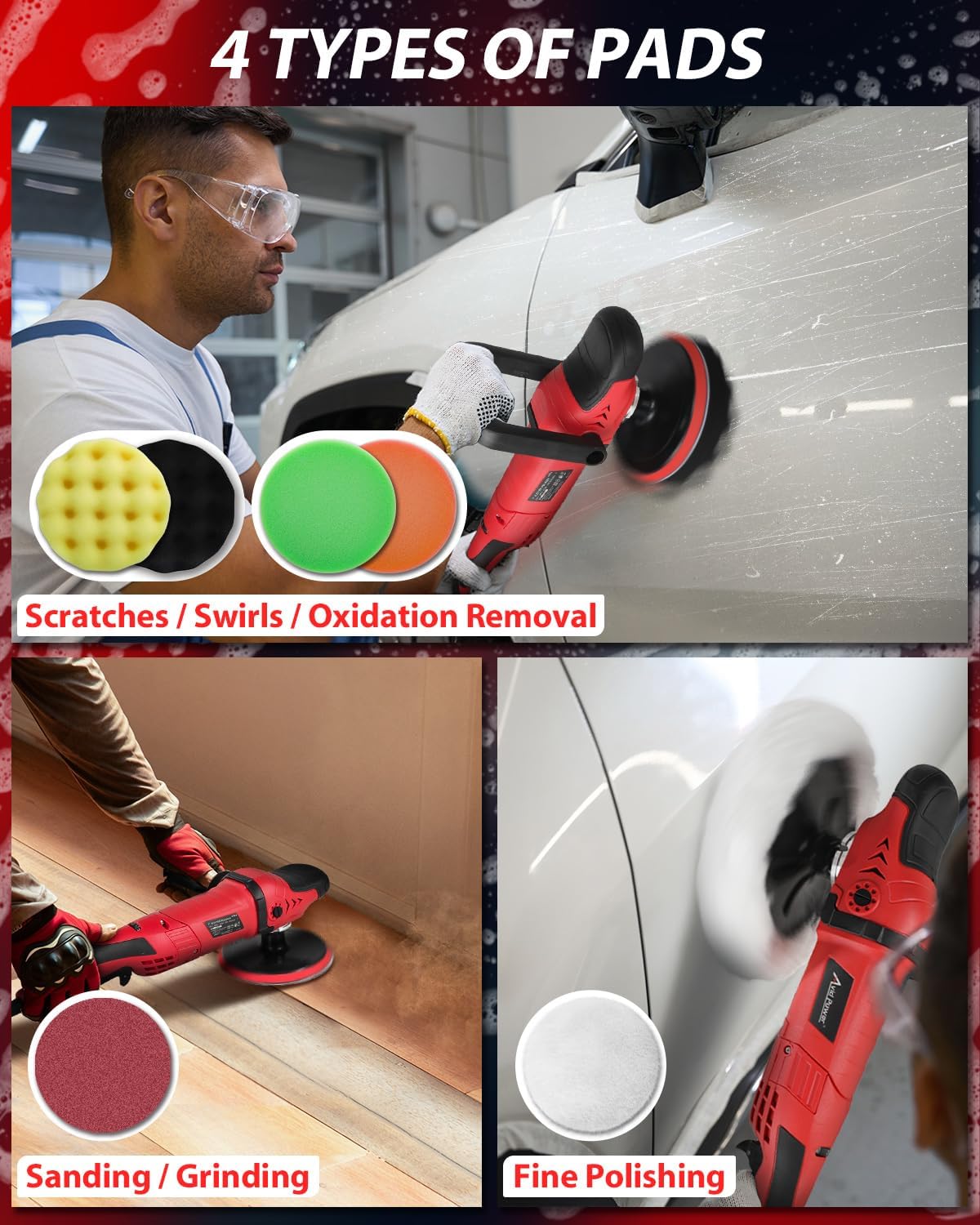 Car Rotary Buffer Polisher Waxer 1200W 6 Speeds, 4*6” Polish Pad | 6"&7" Backing Plates, 1000-3500 RPM, Sanding