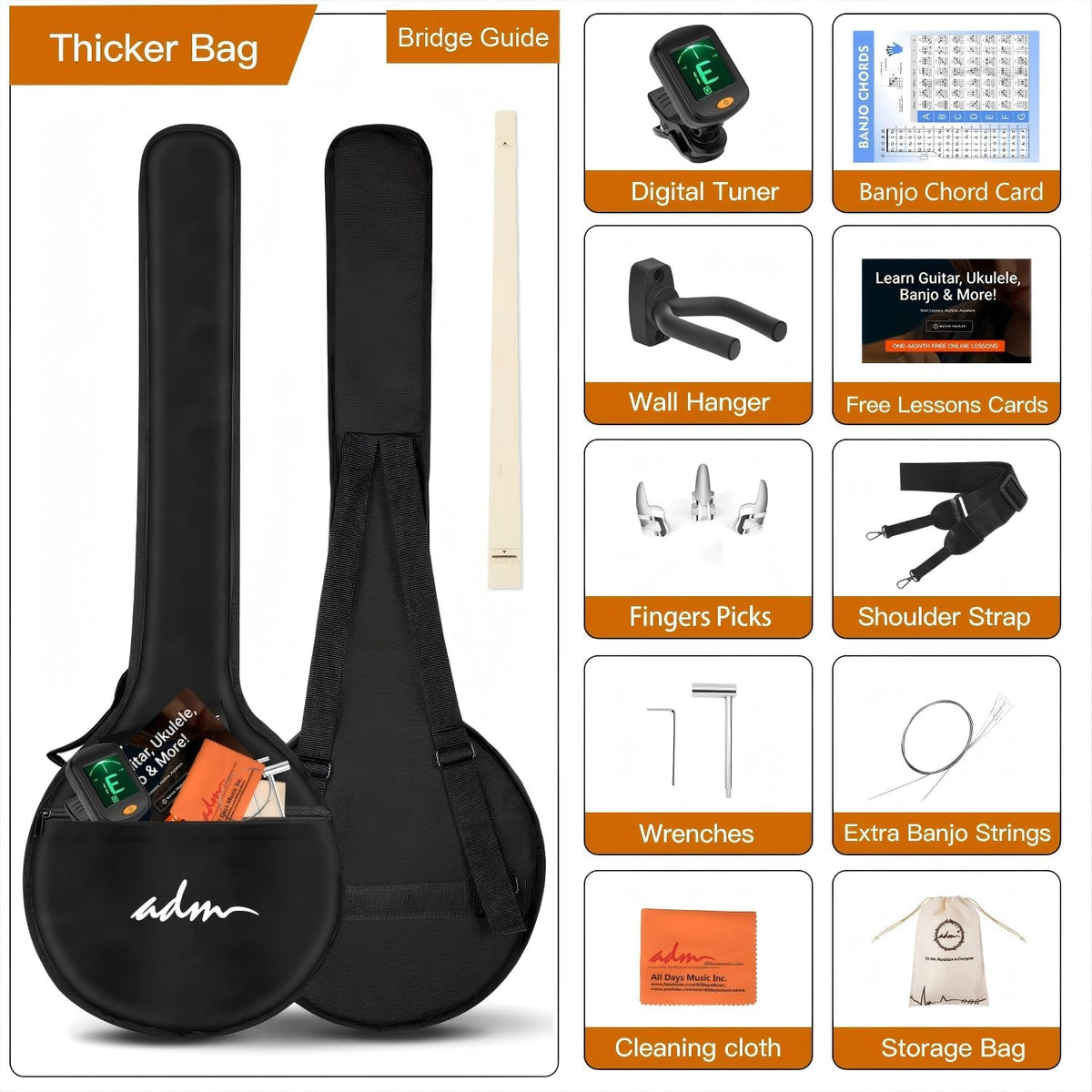 Banjo 5 String Full Size Banjoes Set, 38 Inch Beginner Banjo Kit with Resonator, Remo Drum Head, Open or Closed Back