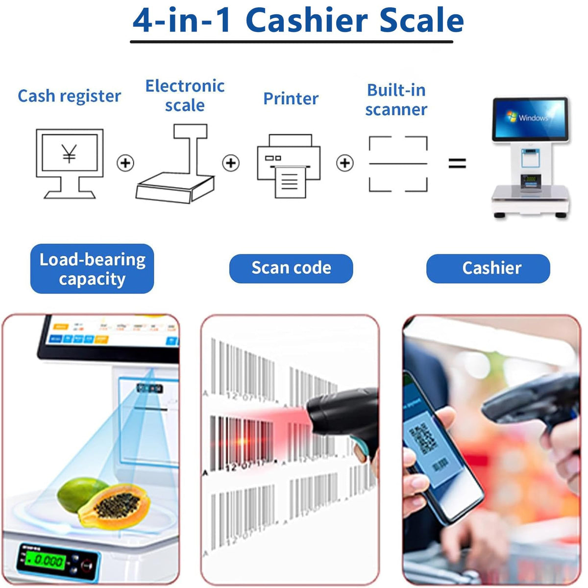 15.6" Commercial POS Cash Register Scale with Integrated Printer, Touchscreen, Barcode Scanner