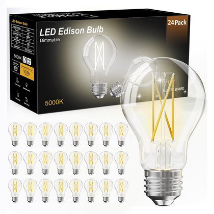 24 Pack A19 Vintage LED Edison Bulbs, Dimmable, 60W Equivalent, High Brightness 5000K Daylight, Ultra-Bright, 8W E26