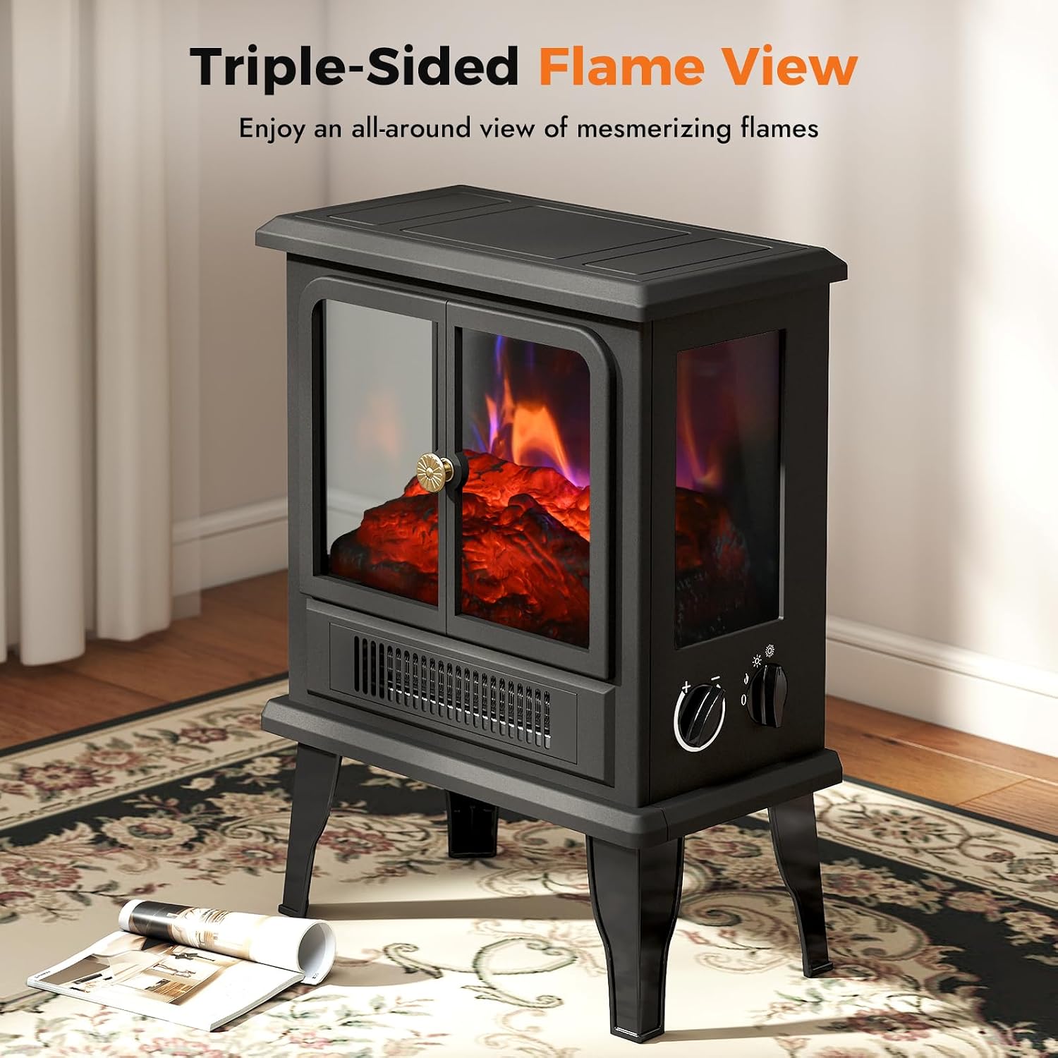 Electric Fireplace Stove Heater - Fireplace Heaters for Indoor Use with Realistic Flame Effect, Freestanding Electric
