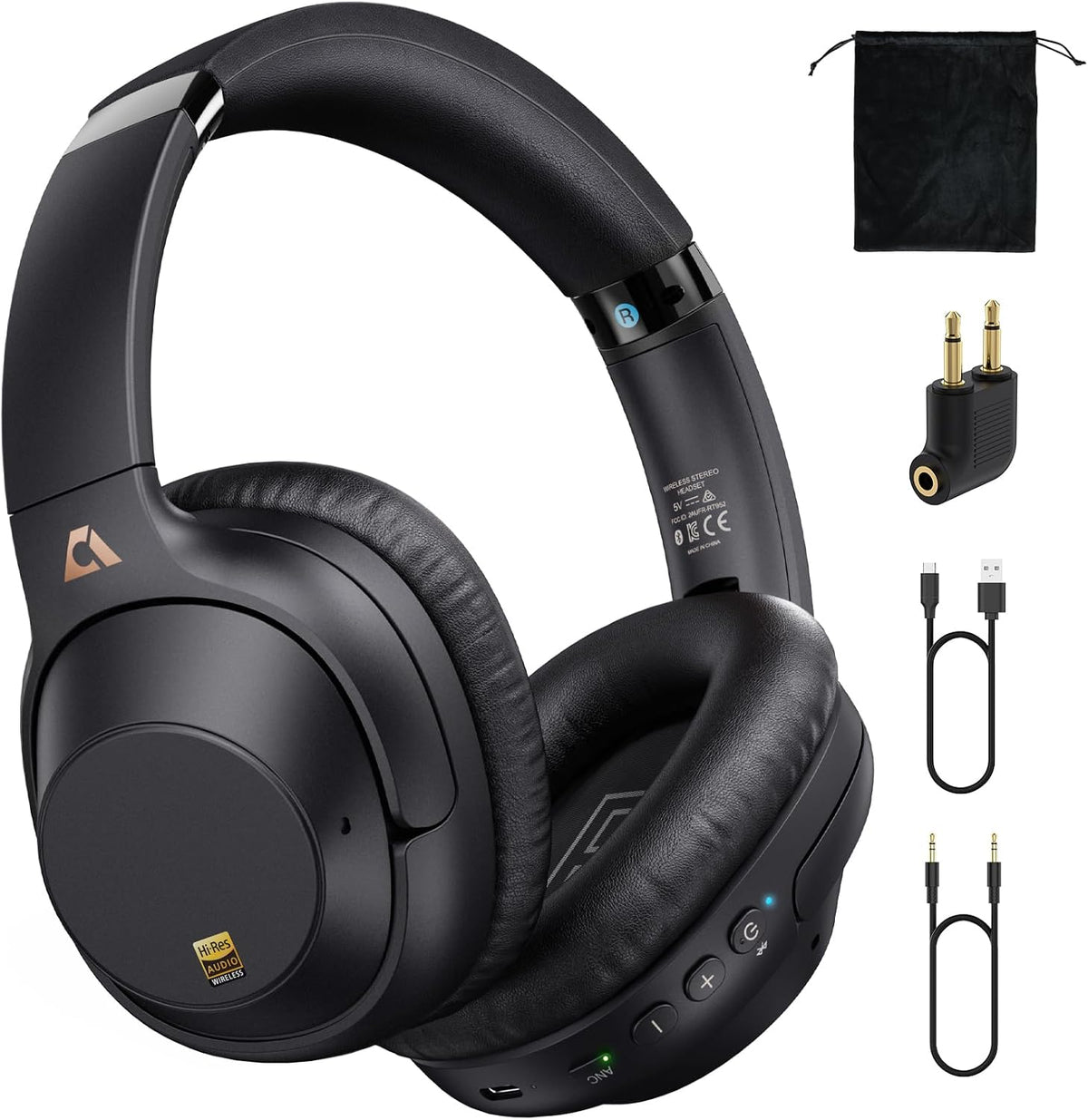 Bluetooth 6.0 Active Noise Cancelling Headphones for Airplane Travel, Black | LDAC Hi-Res Audio, 90H Playtime Wired