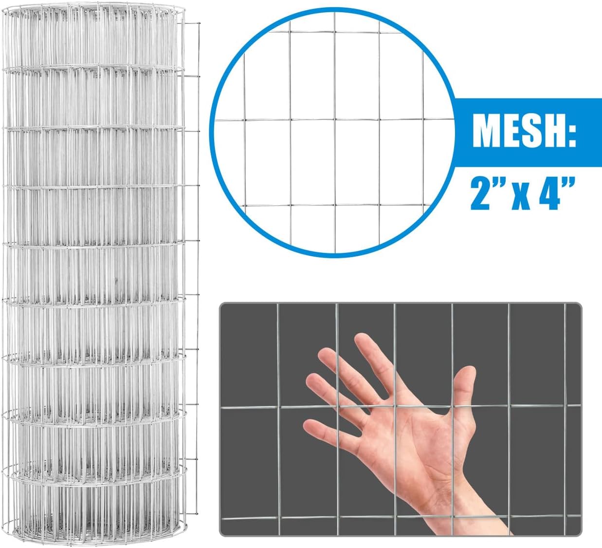 Welded Wire Fence 12.5 Gauge, Galvanized Welded Fence Wire Roll, Mesh Size 2-Inch x 4-Inch, Hog Wire Fencing Cage