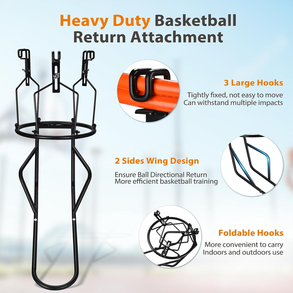 Basketball Return Attachment, Heavy Duty Basketball Rebounder with 3 Stable Large Hooks, Durable Basketball