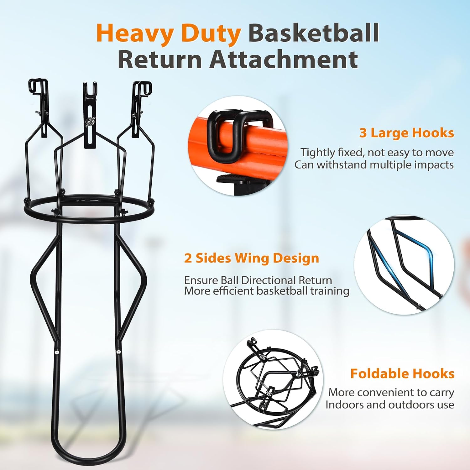 Basketball Return Attachment, Heavy Duty Basketball Rebounder with 3 Stable Large Hooks, Durable Basketball