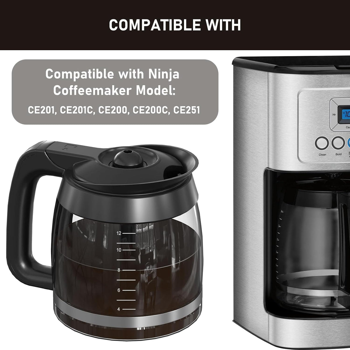 CE251 12-Cup Glass Carafe Pot Replacement Compatible with Ninja Coffee Brewer Maker, Fit Models CE251 CE201 CE201C