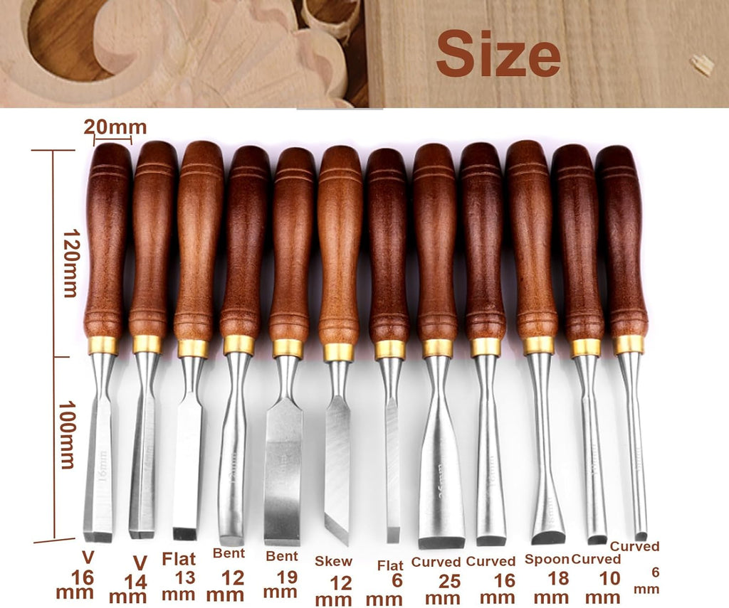 12-Piece Wood Carving Chisel Set - CR-V 60 Steel Multi-Shape Edge Gouges Carving tool for Woodworking Beginners and