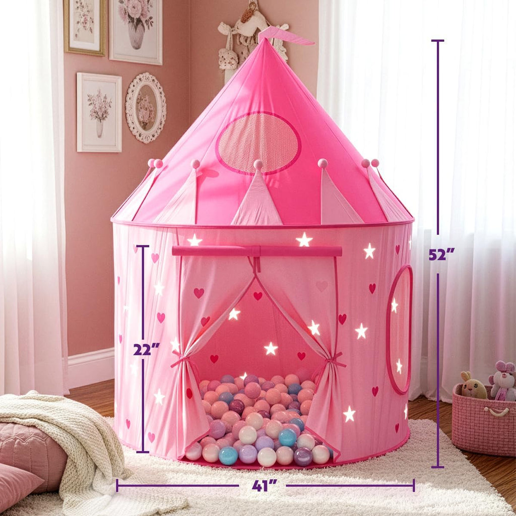 Princess Castle Pop Up Tent & Dress Up Set – Kids Pink Playhouse Tent for Girls with Glow in The Dark Stars, Foldable