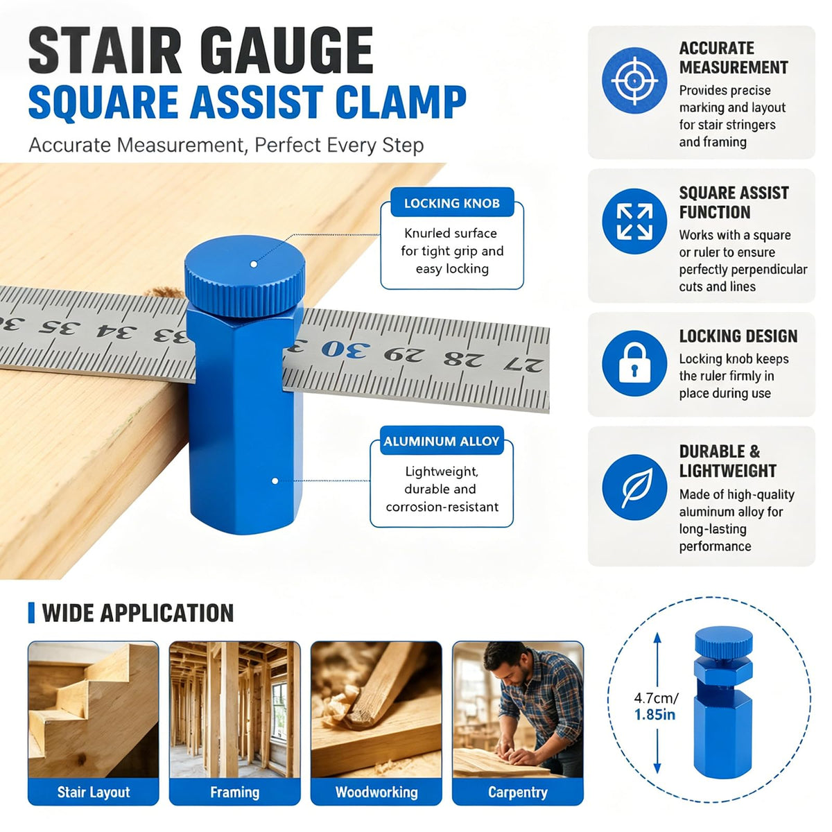 Tall Stair Gauges for Framing Square, Framing Jig for Speed Square, Blue