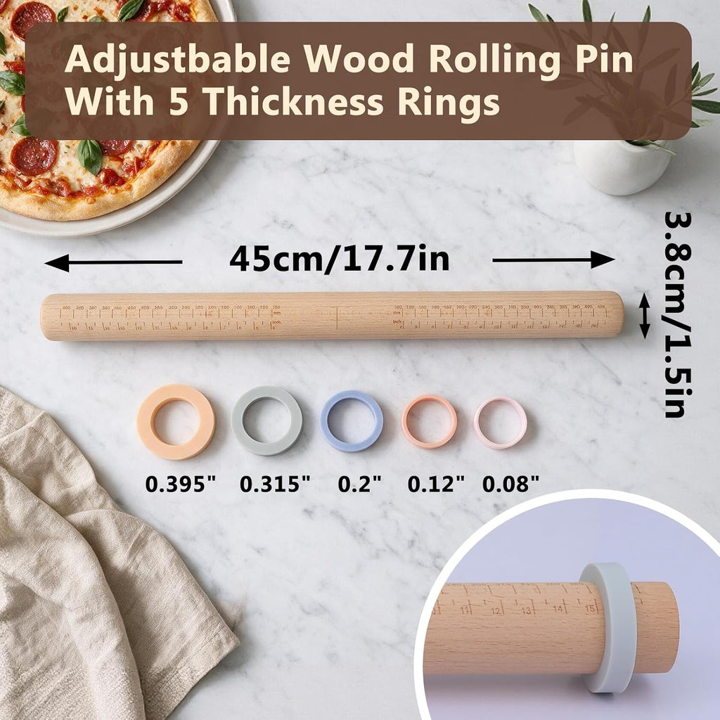 Wood Rolling Pin with Thickness Rings: Adjustable Dough Roller for Baking