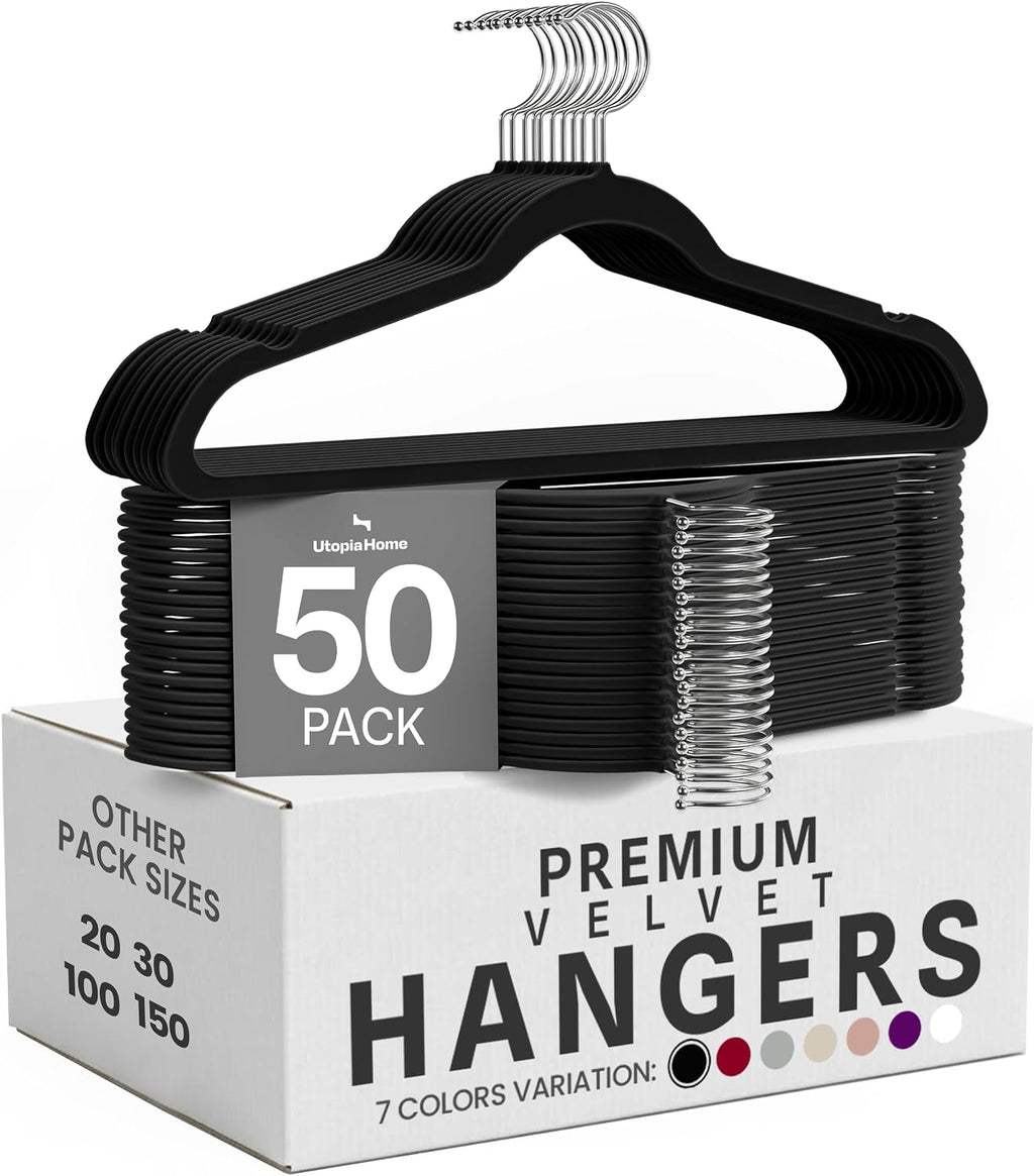 Velvet Hangers, Black, 50 Pack | Luxury Non-Slip Slim Pant & Coat Hangers | Strong Space-Saving Clothes Hangers |