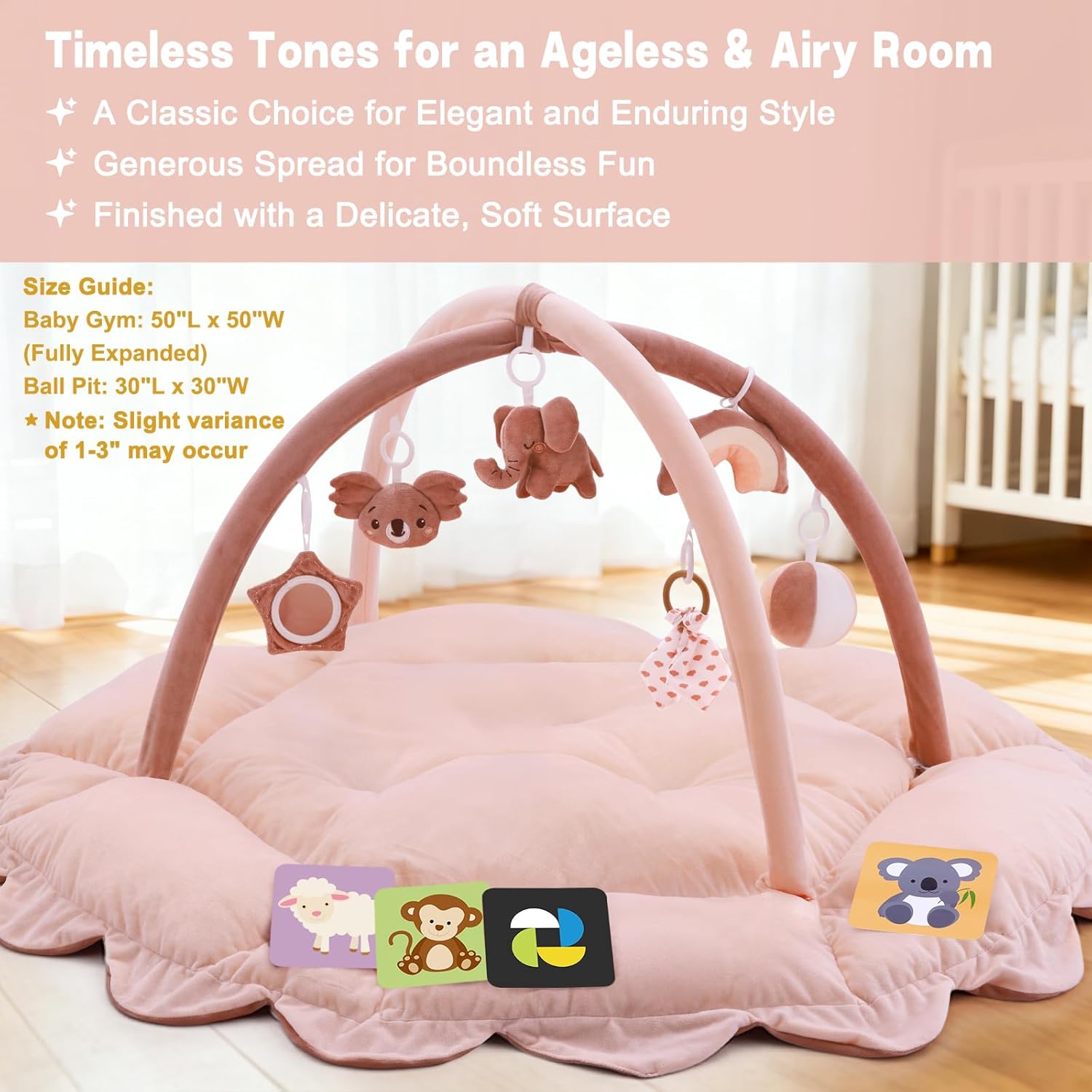 5-in-1 Baby Activity Gym & Play Mat with 6 Hanging Toys, Tummy Time Mat & Cards - Extra Large, Reversible Machine