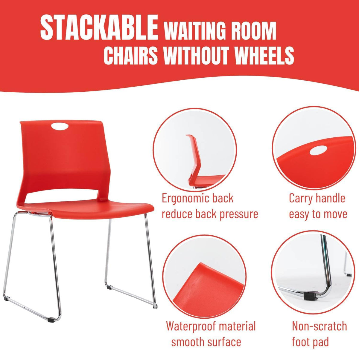 Red Stacking Chairs Set of 4, Hard Plastic Stackable Chair Armless