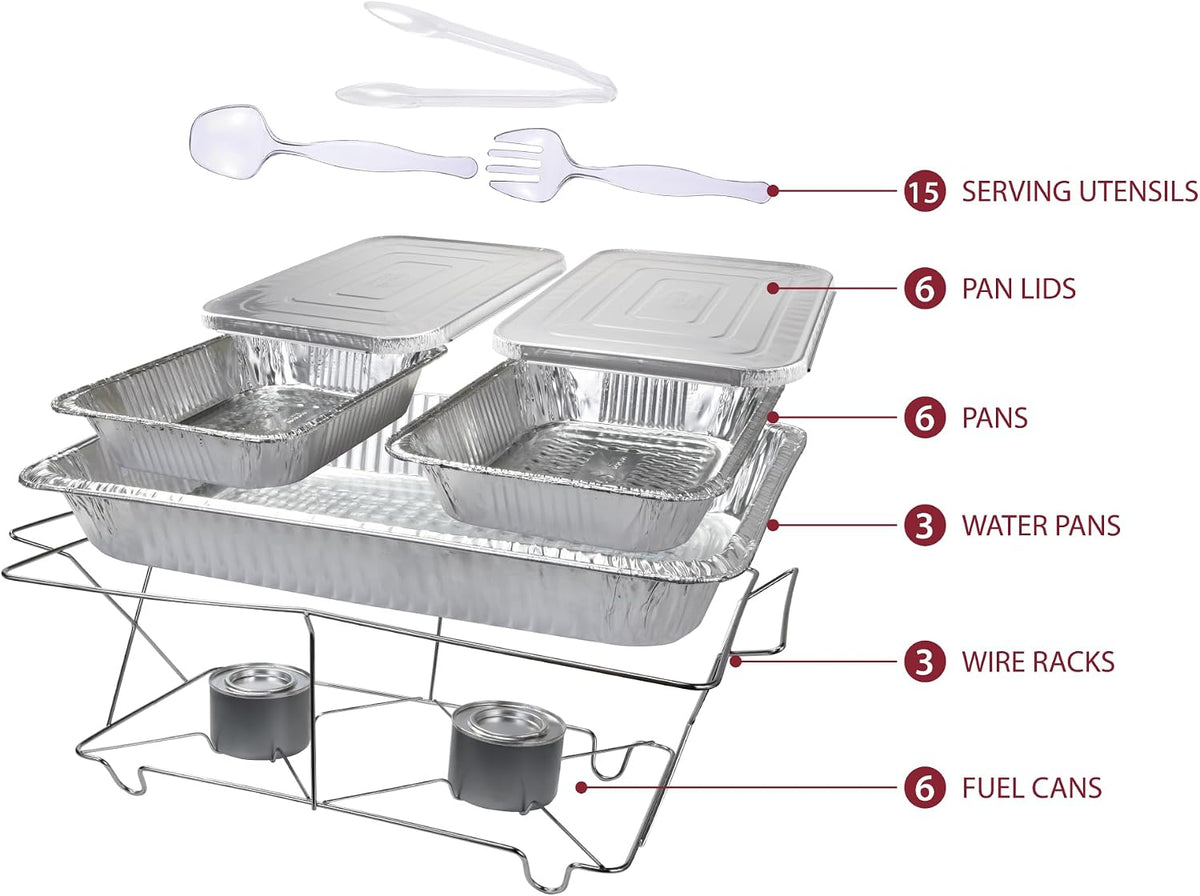 Full Size 39-Pcs Disposable Chafing Buffet Set with 6hr Fuel Cans, Covers, Serving Utensils - Premium Chafing Dish