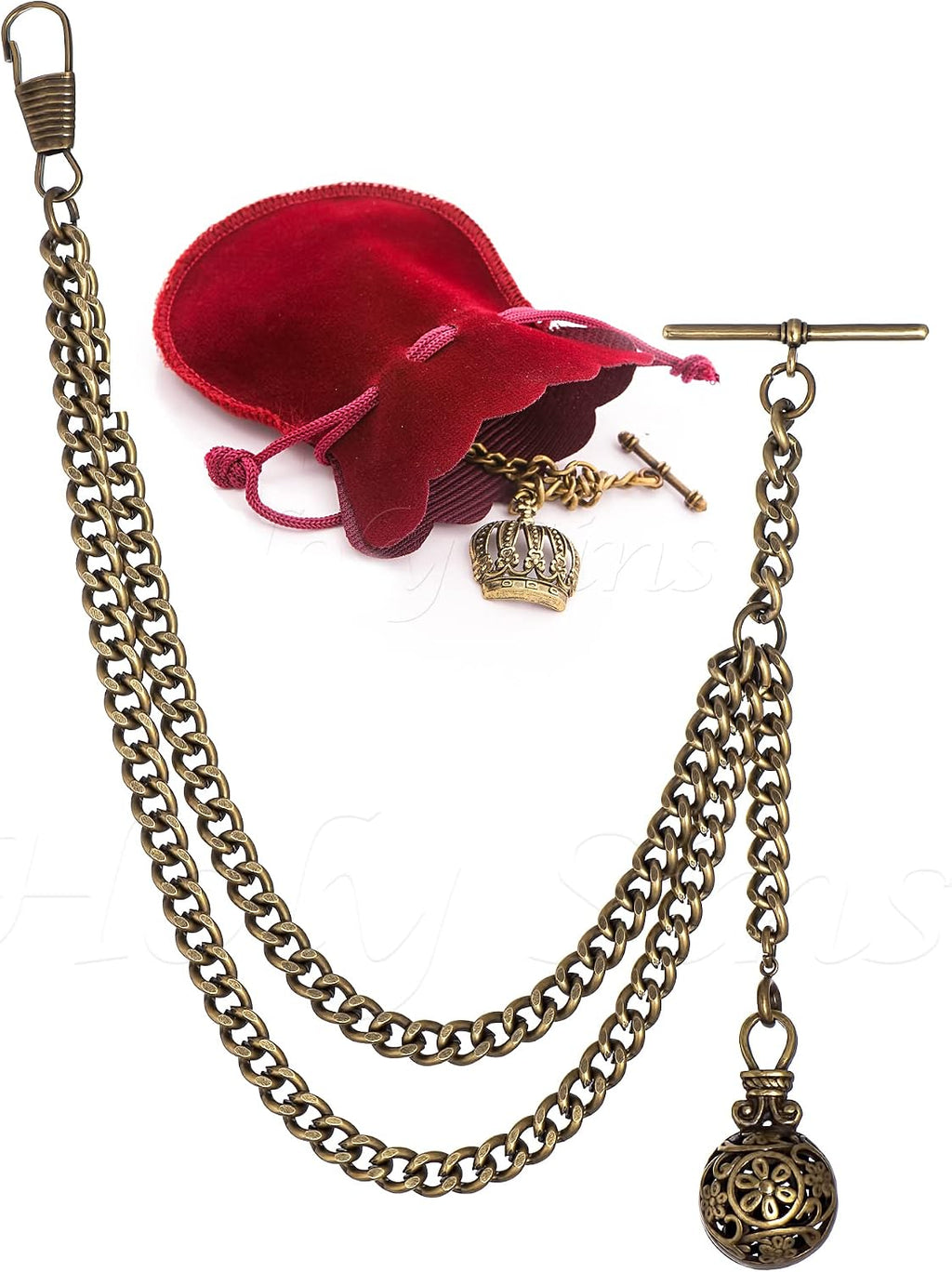 Handmade in the UK Bronze Colour Albert Pocket Watch Chain With Hollow Pendant