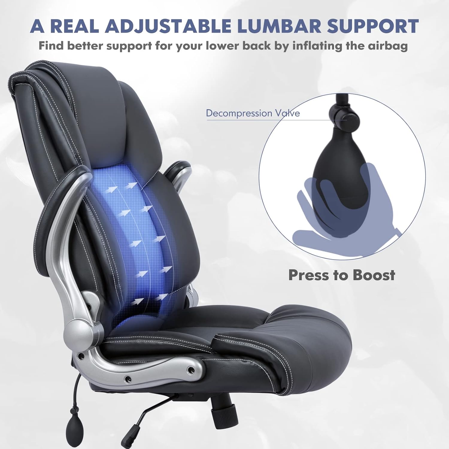 High Back Executive Office Chair - Padded Leather Ergonomic Computer Desk Chair with Inflatable Lumbar Support &