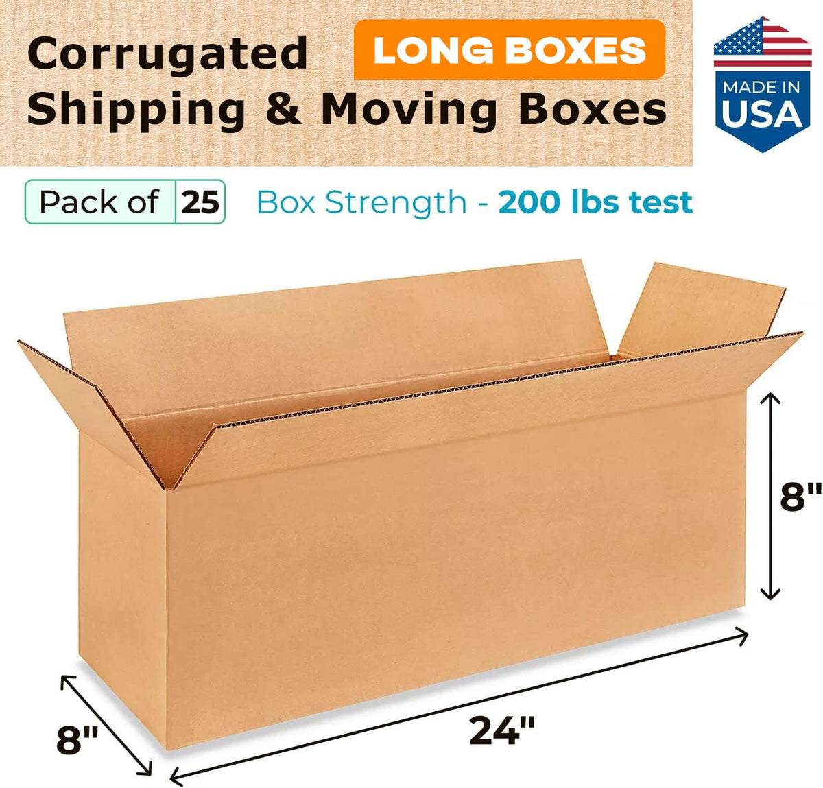 Long Moving & Shipping Boxes 24"L x 8"W x 8"H (25-Pack) - Extra Strength 200 lb vs Regular - Corrugated Strong