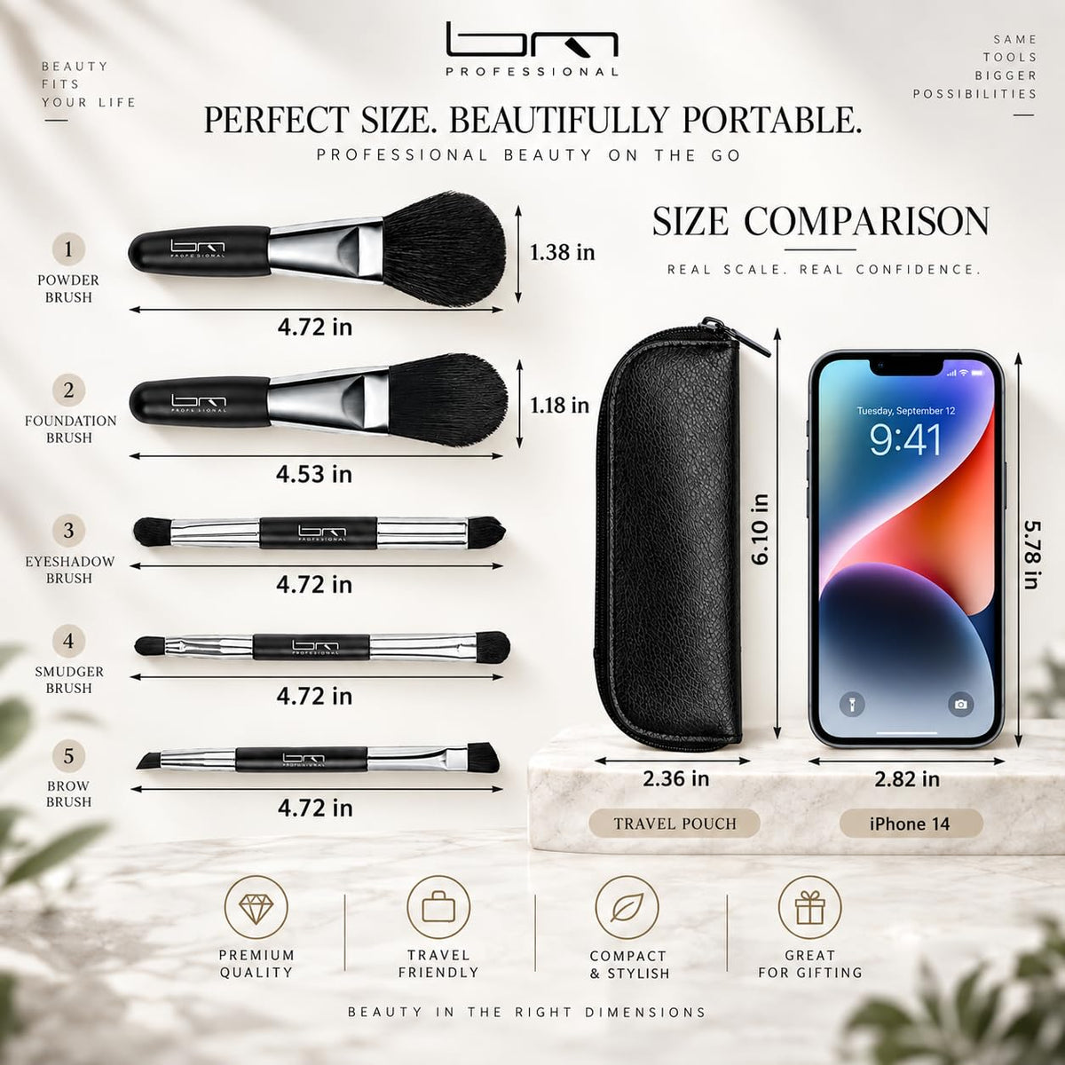 Mini Travel Makeup Brushes Set, 5Pcs Double Ended Portable Cosmetic Brushes Kit with Storage Pouch for Foundation