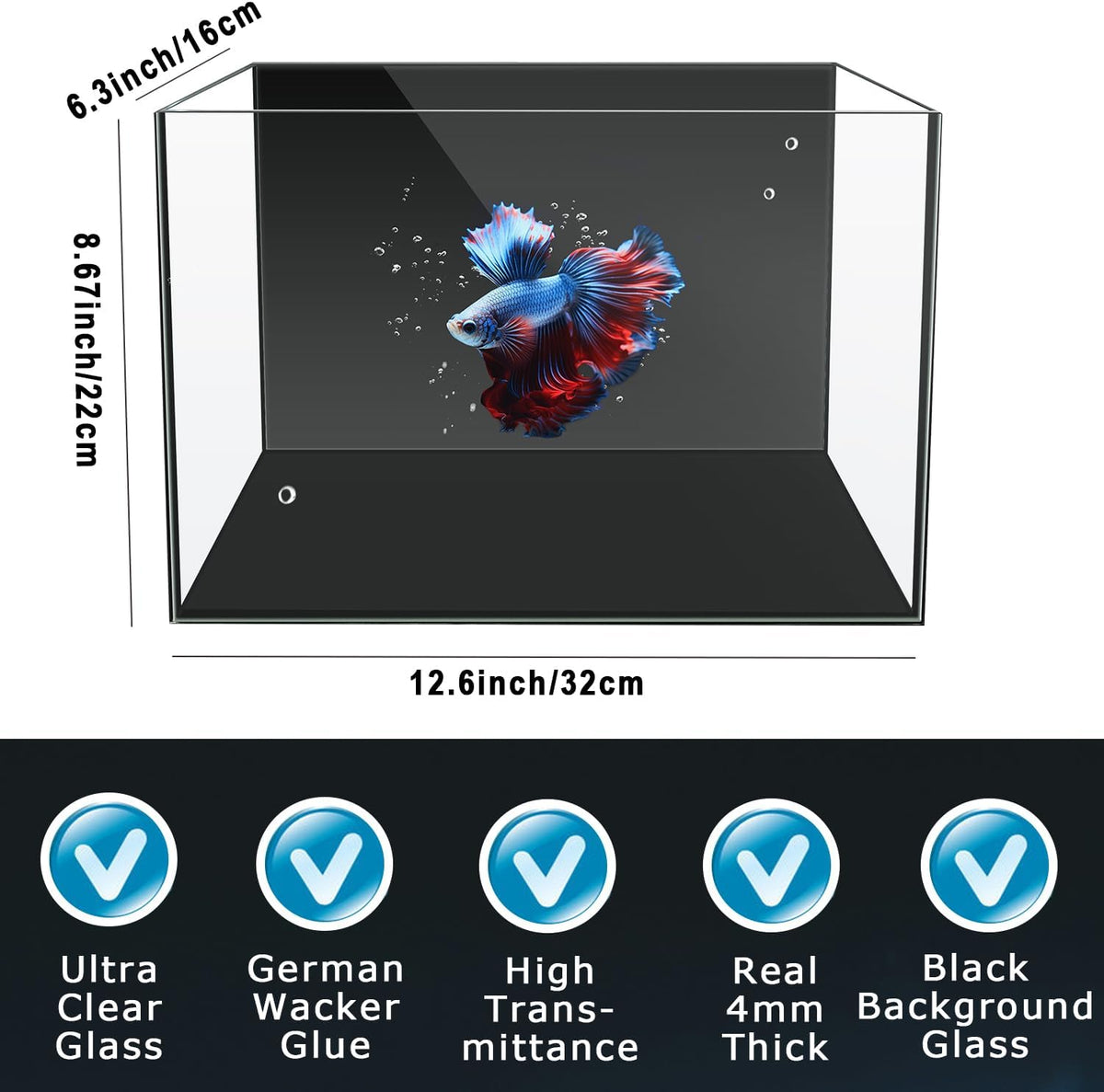 3 Gallon 12.6” L Fish Nano Glass Aquarium, with Separator Plate for Betta, Multi-Functional Square Fish Tank with