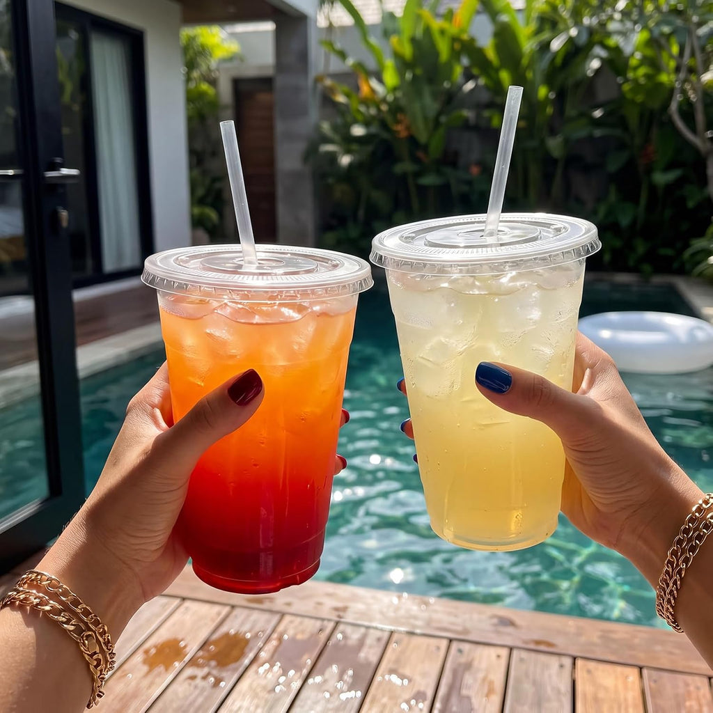 [100 Sets - 16oz] Clear Plastic Cups with Lids and Straws, Disposable Iced Coffee Cups for Smoothie, Milkshake, Cold