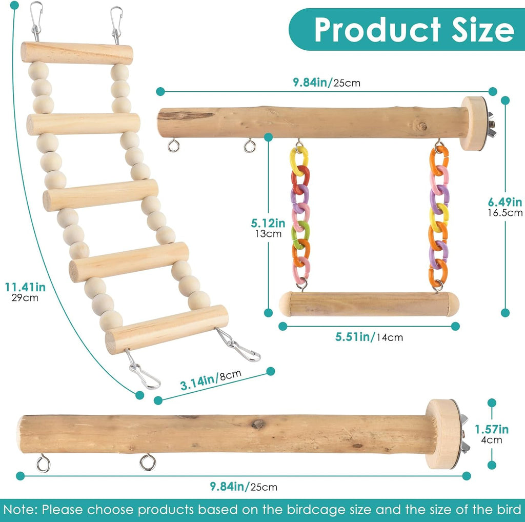 Bird Perches Ladder with Swing, Natural Wood Parrot Climbing Bridge Perch Toys, Exercise Play Stand Parakeet Cage