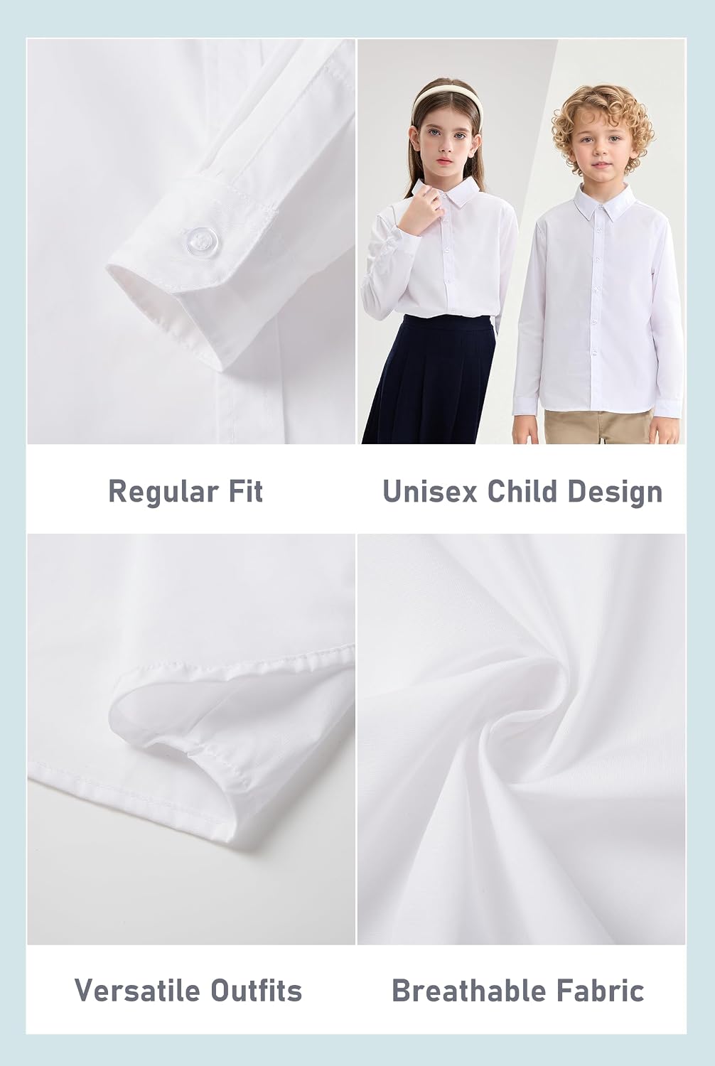 Boys Girls Long Sleeve Button Down Shirts White Uniform Blouse School Top Formal Collared Outfits for Kids