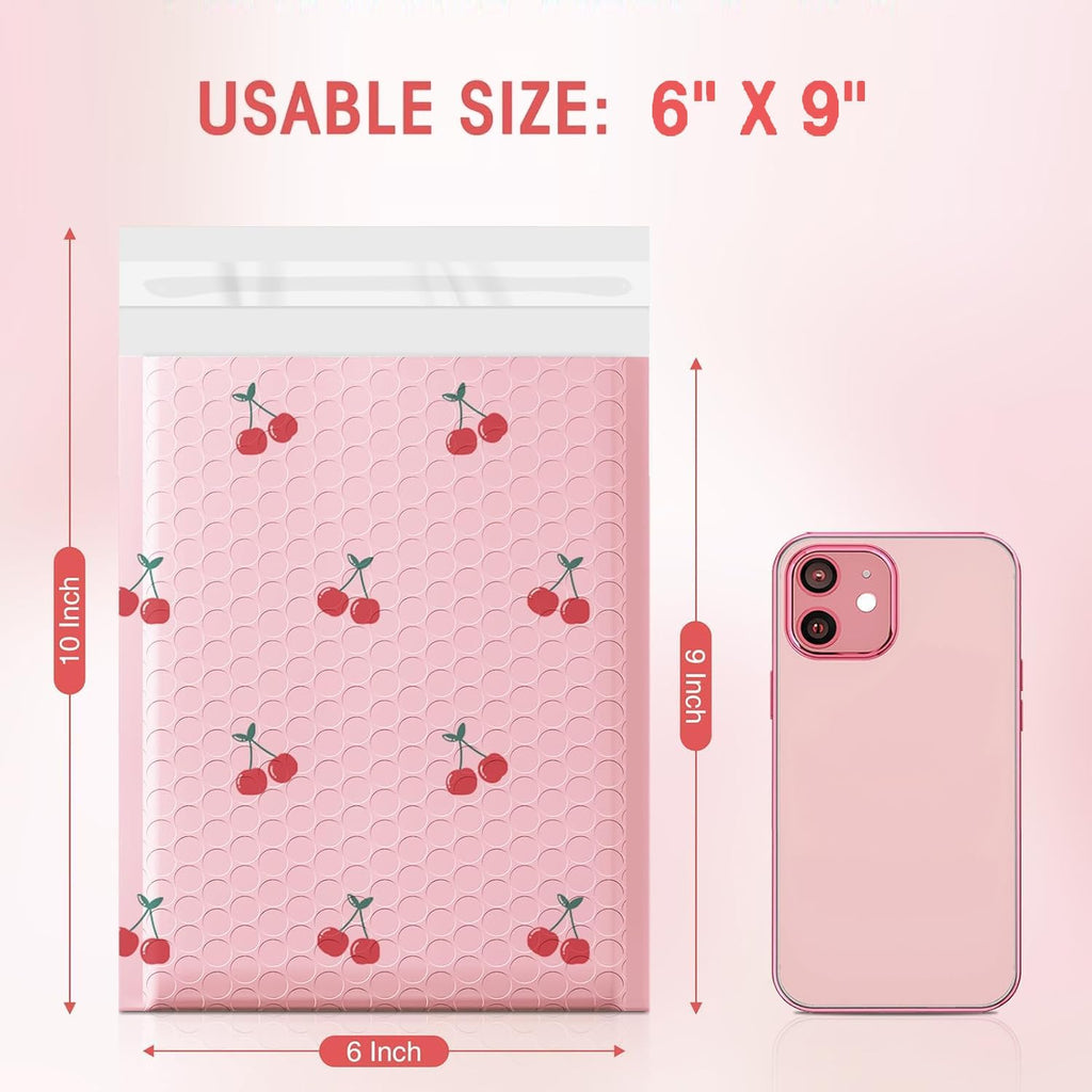6x10" Bubble Mailers 100 Pack Cherry Pattern Pink Padded Envelopes