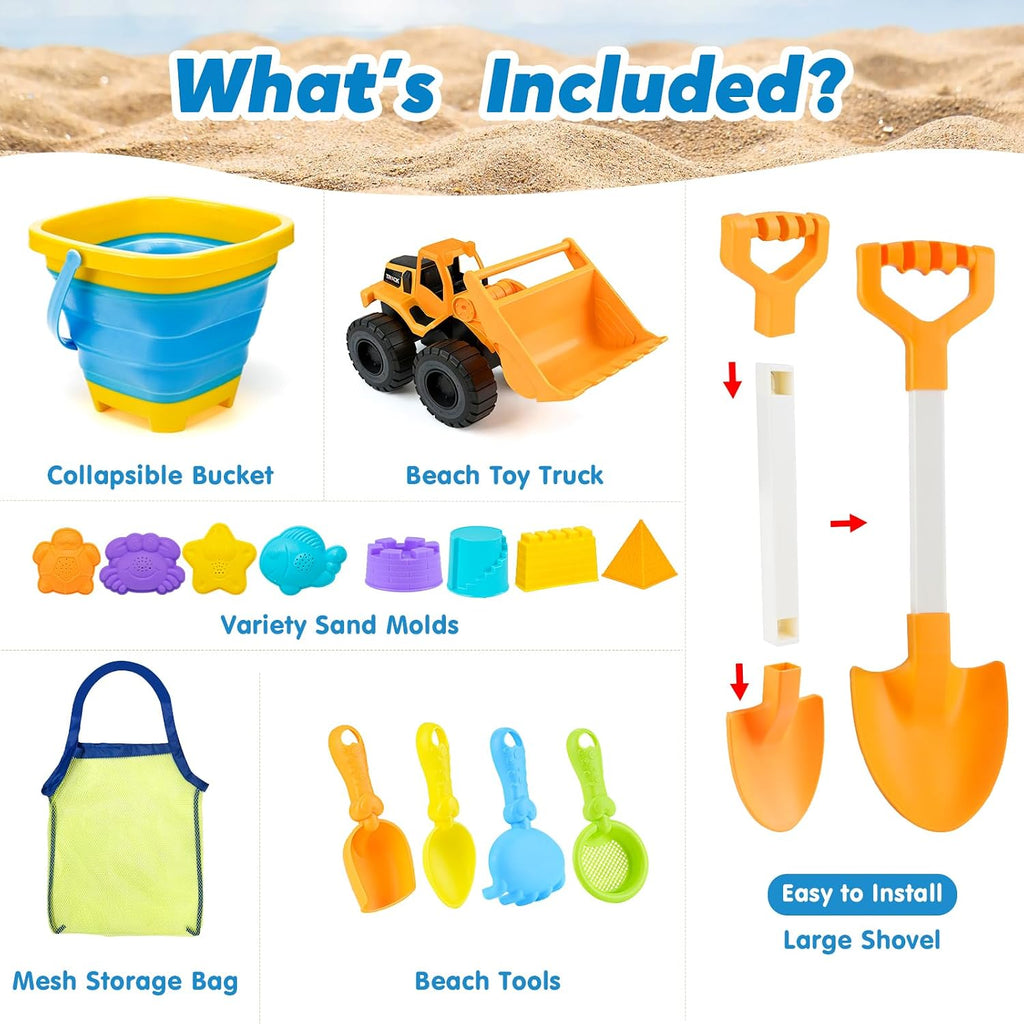 Beach Sand Toys for Toddler 1-3 with Trucks, 2 Collapsible Beach Toys for Kids Ages 4-8, Sandbox Toys for Toddler