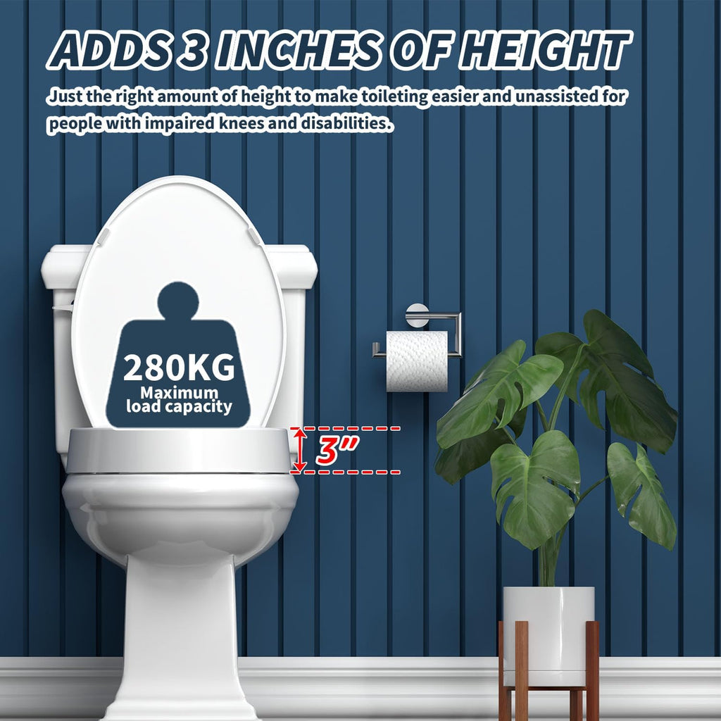 ELONGATED toilet seat risers for seniors, Slow Close, Elevated toilet seat, Heavy Duty, Never Loosen, Raised toilet