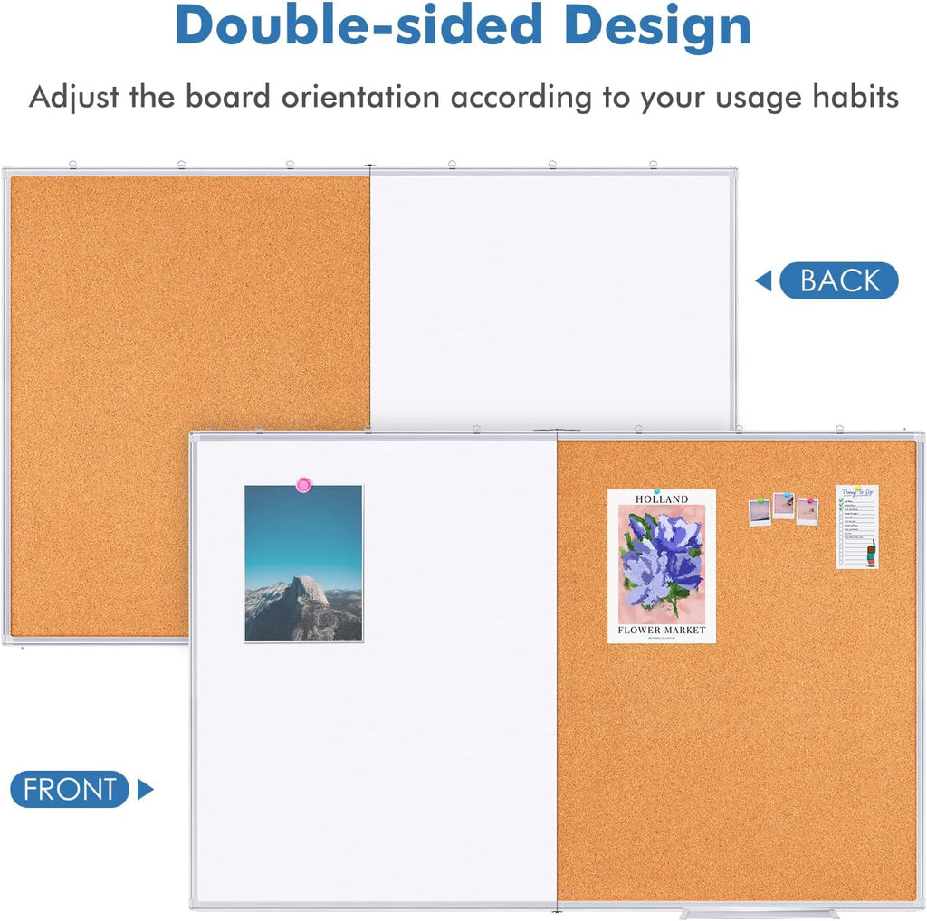 Magnetic White Board and Cork Board Combo, 48 X 36 inches Whiteboard Bulletin Combination Board, Wall Mounted Dry