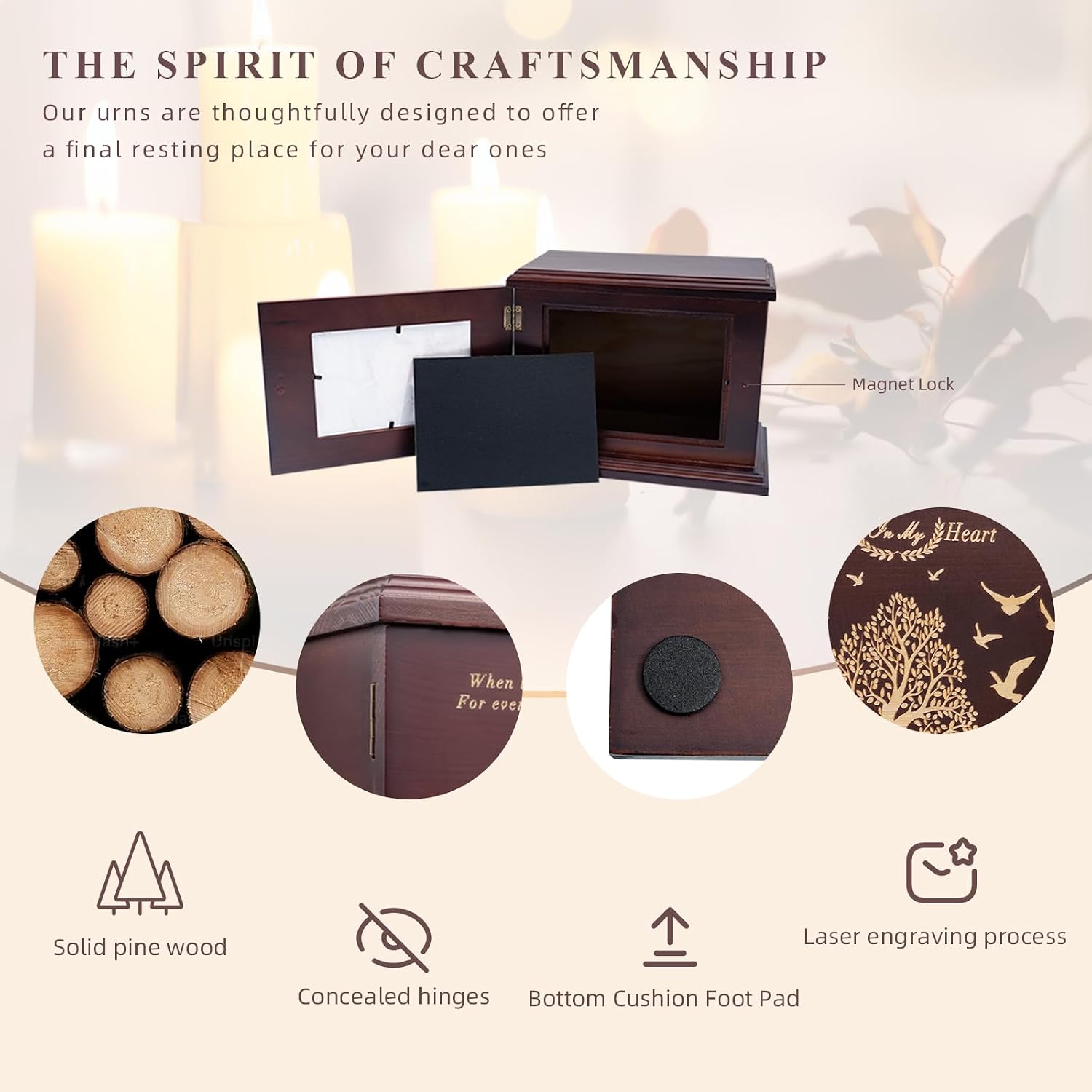 Cremation Urns for Human Ashes, Wooden Urn for Ashes Adult Male Female, Wooden Picture Frame Urns Box and Casket