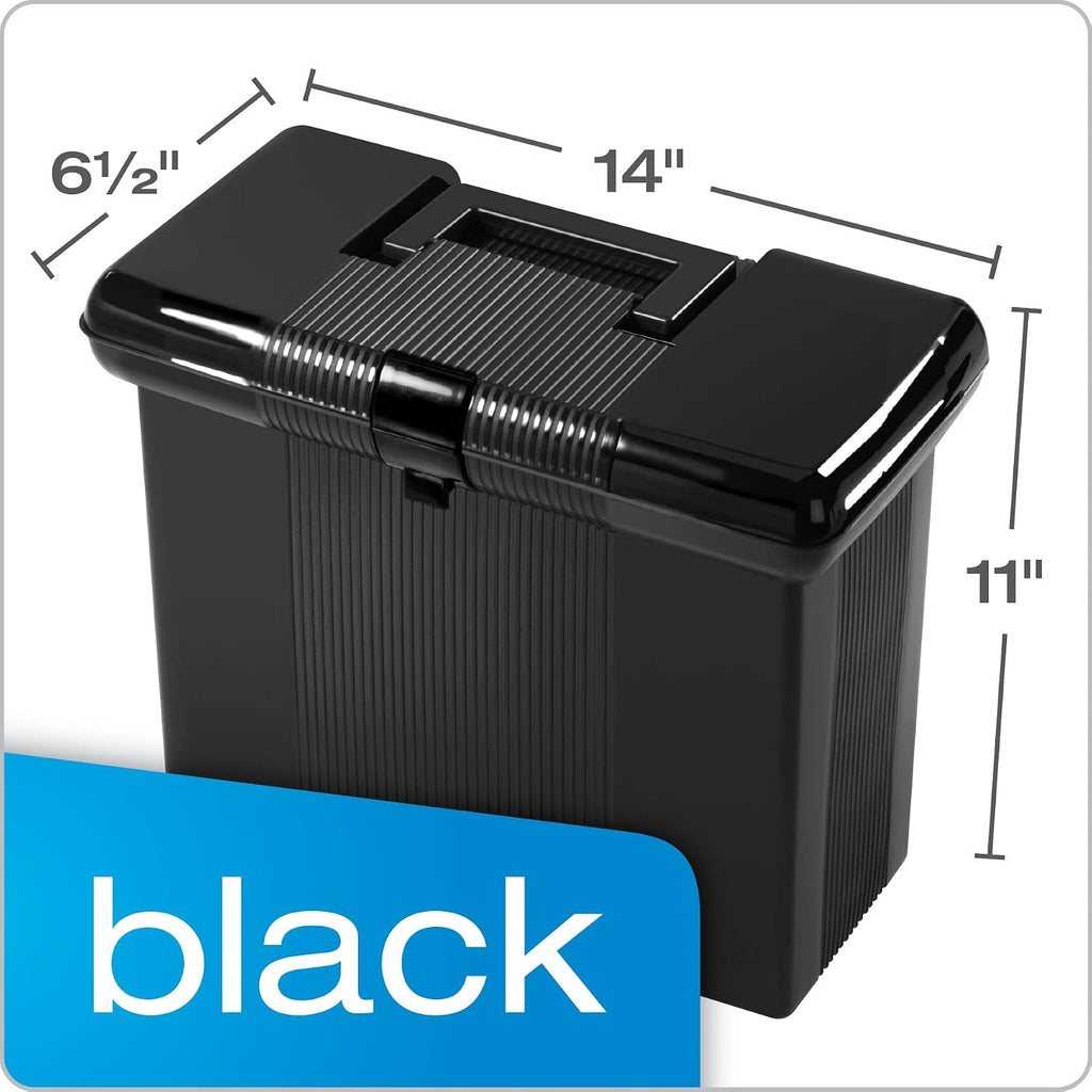 Portable File Box with File Rails, Hinged Lid with Double Latch Closure, Black, 3 Black Letter Size Hanging Folders